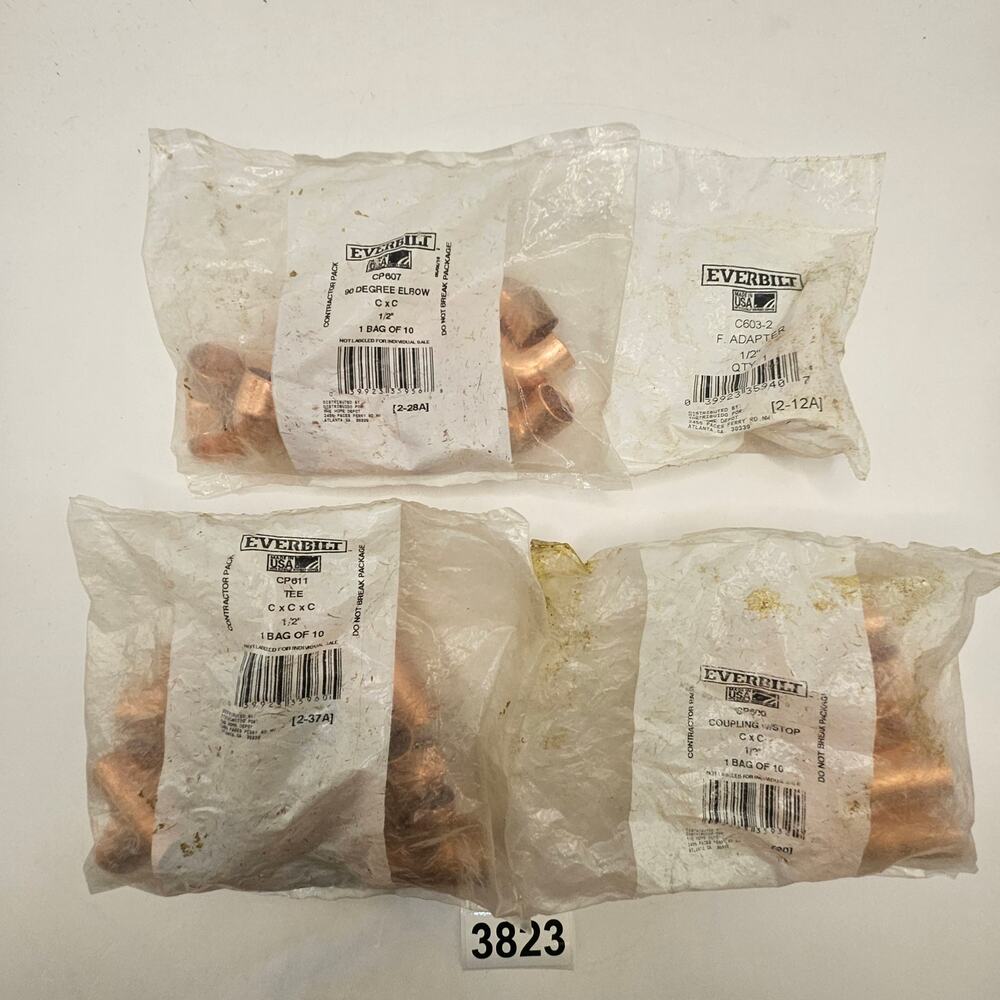 LOT OF 4 EVERBILT 1/2" COPPER PLUMBER FITTINGS TEE ELBOW COUPLING ADAPTER
